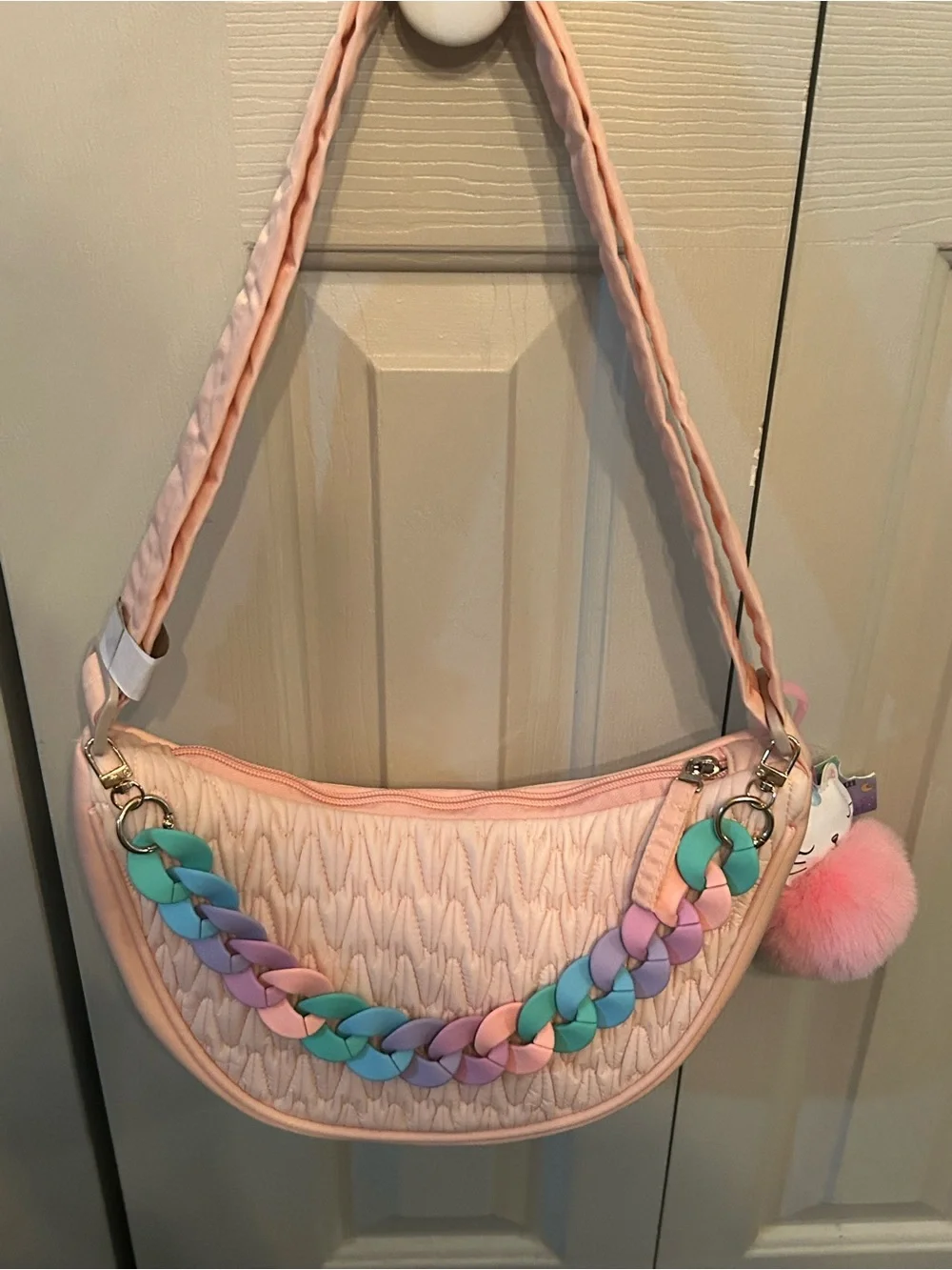 Blush Pink Quilted Shoulder Bag with Pastel Chain Accent